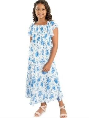 Rare Editions Blue and White Floral Smocked Maxi Dress